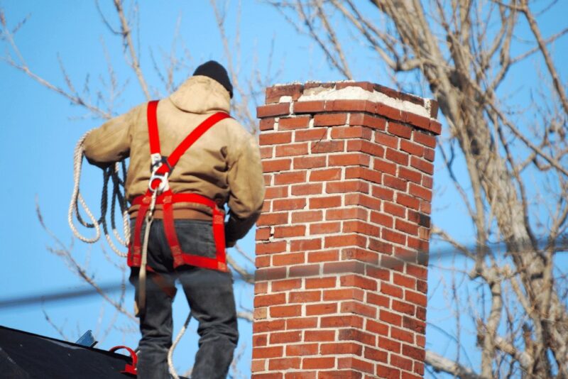 Roofer in a safety harness standing beside a red brick chimney against blue sky