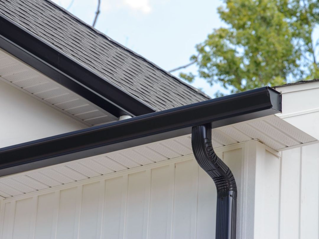 Black gutter and downspout on a white clad house beside a shingle roof edge